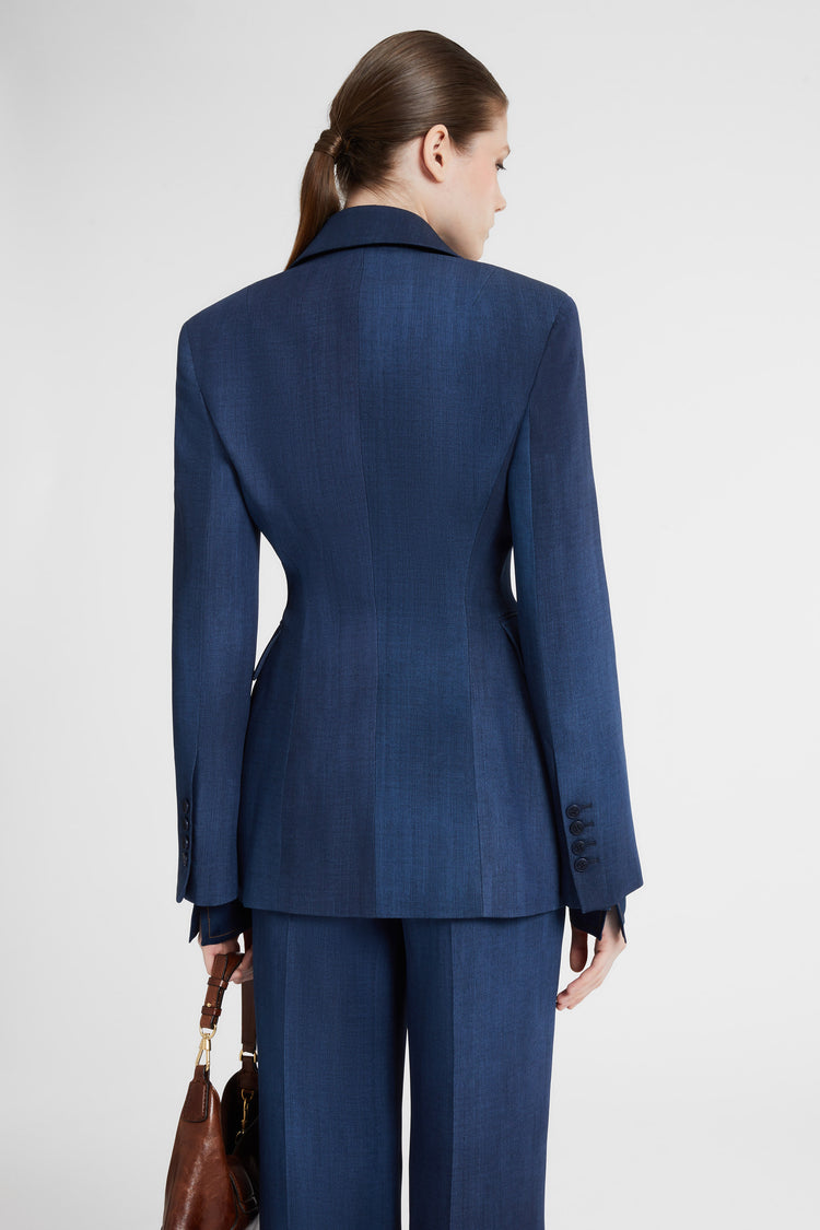 Single-breasted jacket in exclusive denim-print marocain