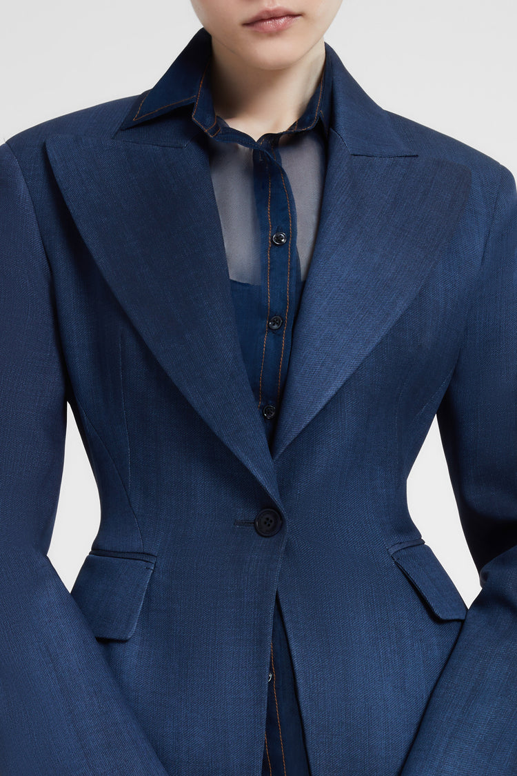 Single-breasted jacket in exclusive denim-print marocain