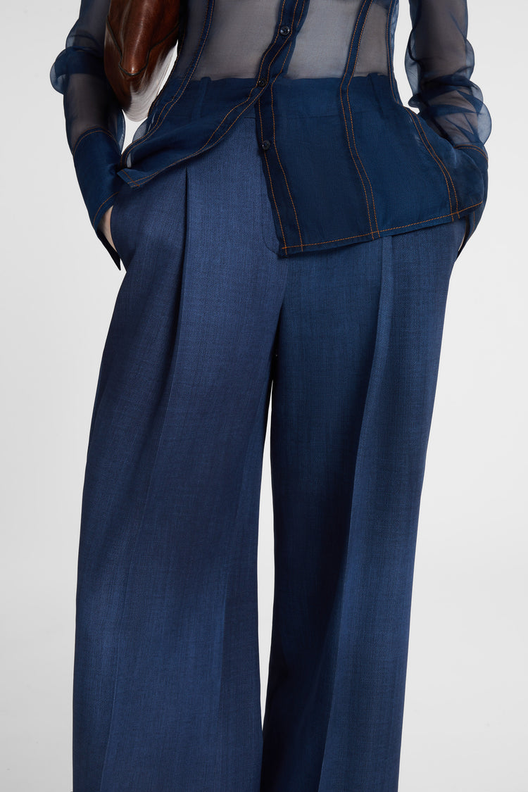 Palazzo trousers in denim-print marocain