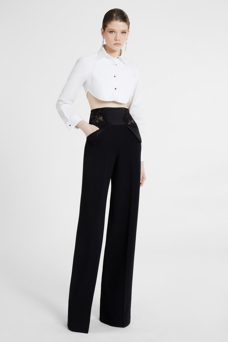 Palazzo trousers in technical cady with lace detail