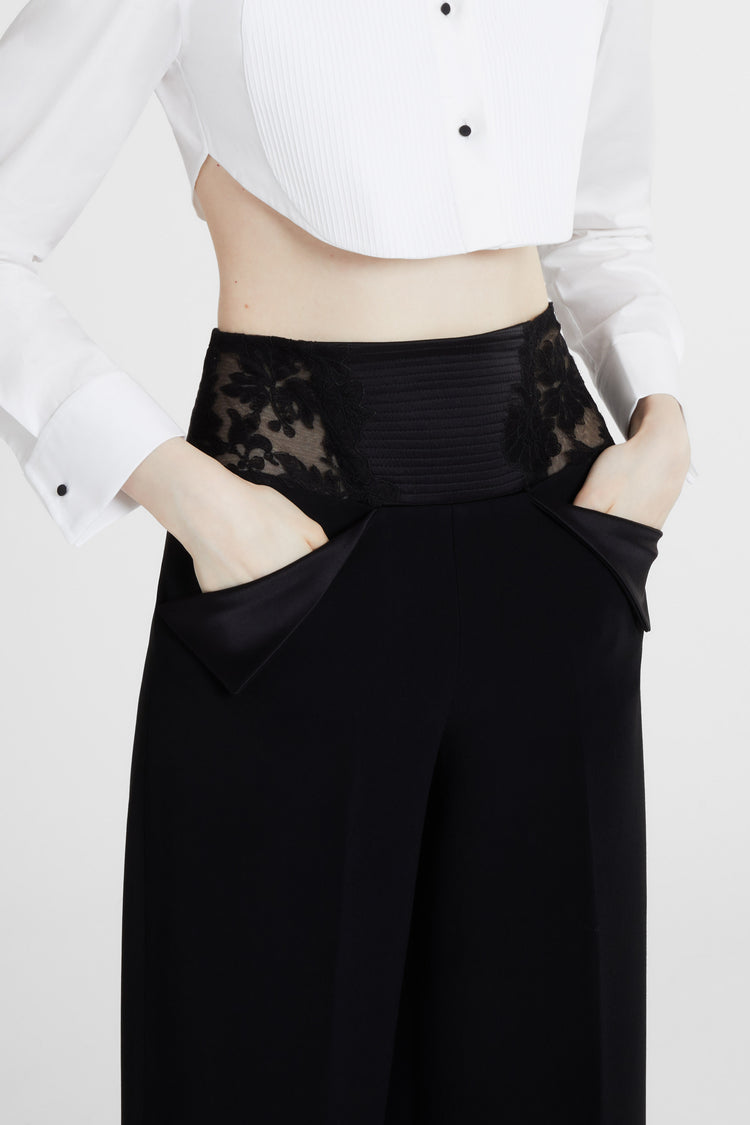 Palazzo trousers in technical cady with lace detail