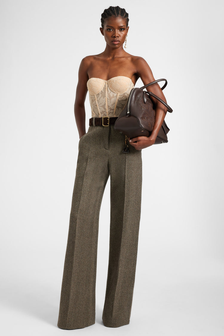 Palazzo trousers in wool, silk and cashmere with herringbone pattern