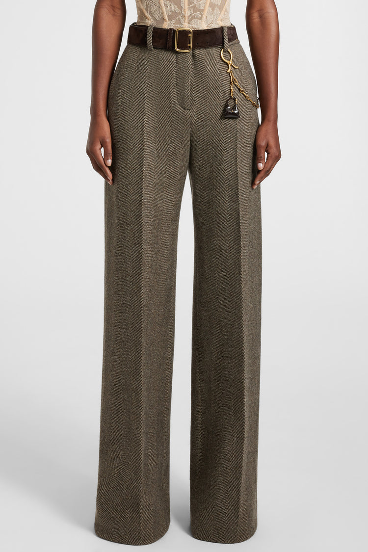 Palazzo trousers in wool, silk and cashmere with herringbone pattern