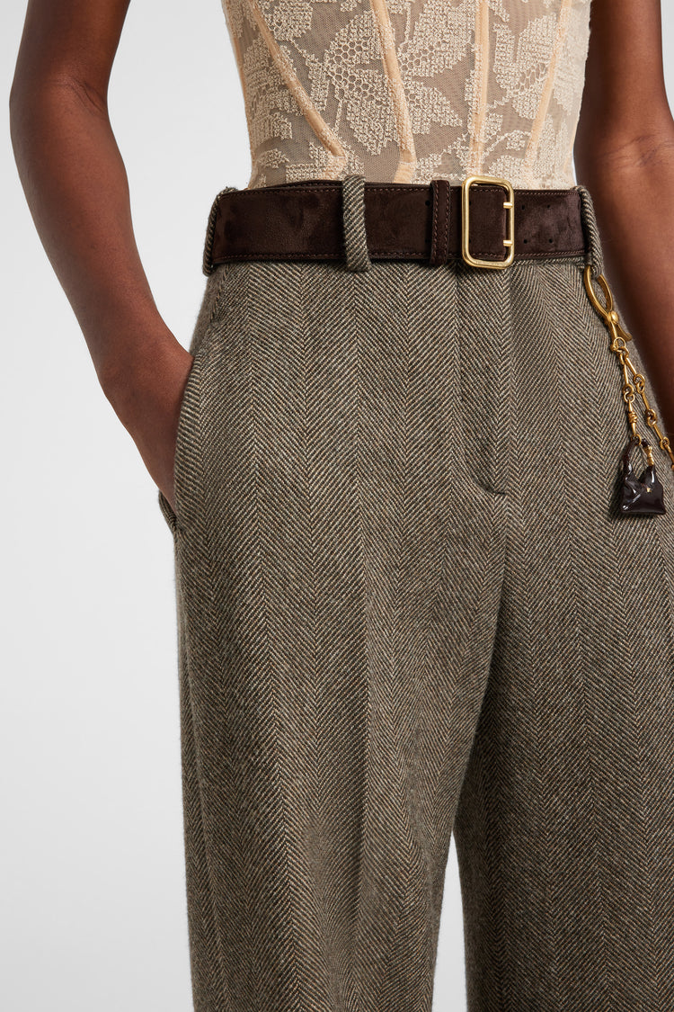 Palazzo trousers in wool, silk and cashmere with herringbone pattern