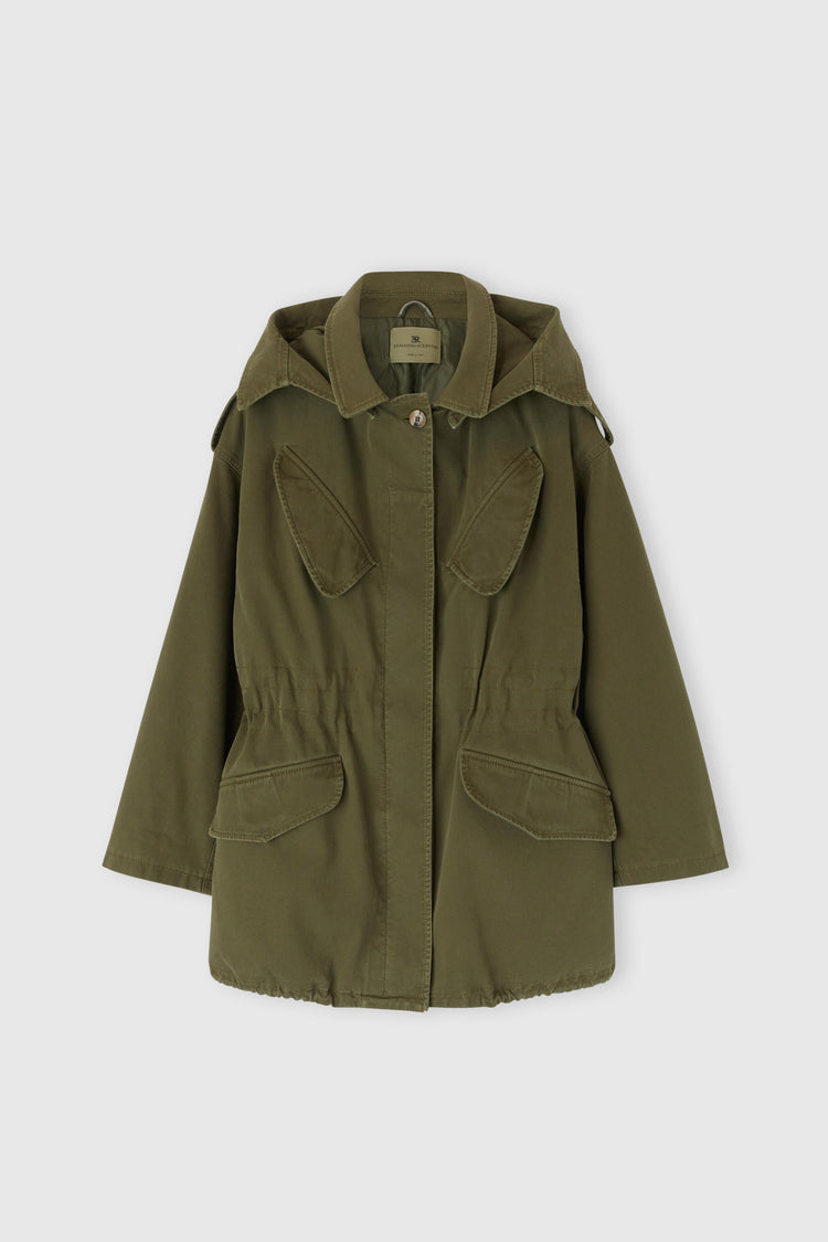 Canvas parka with hood and flared sleeve