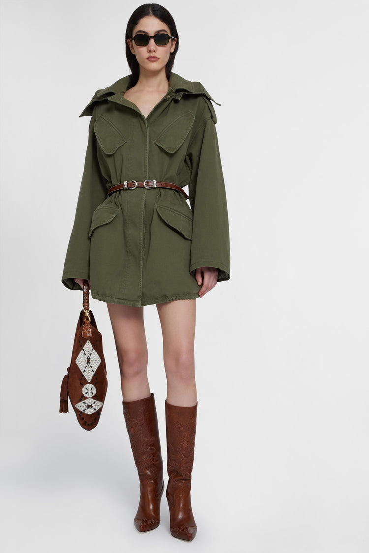Canvas parka with hood and flared sleeve