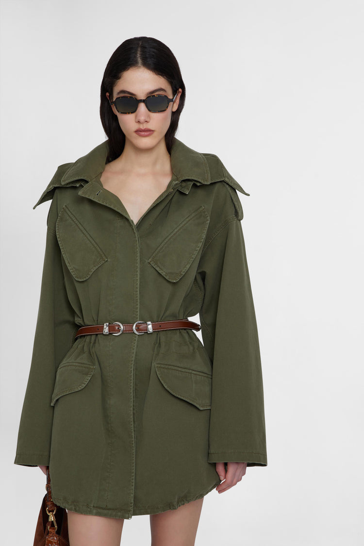 Canvas parka with hood and flared sleeve