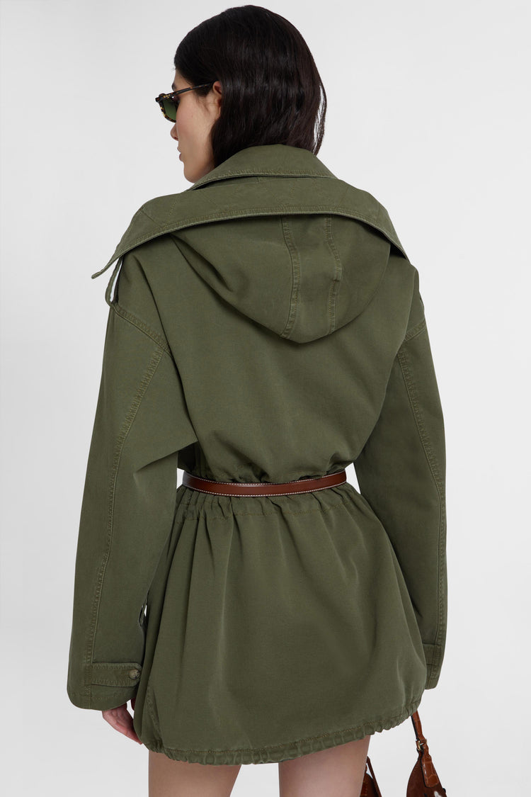 Canvas parka with hood and flared sleeve