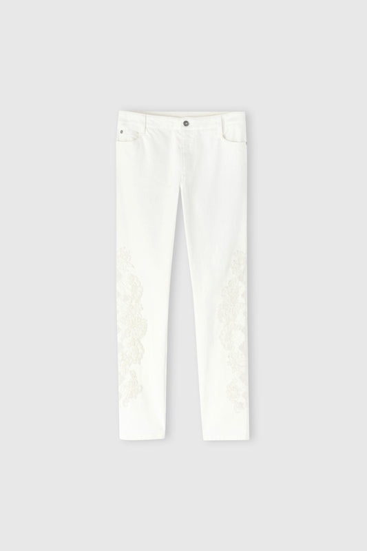 Five-pocket denim jeans with rebrode lace
