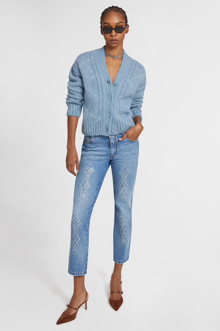 Five-pocket denim jeans with microcrystals