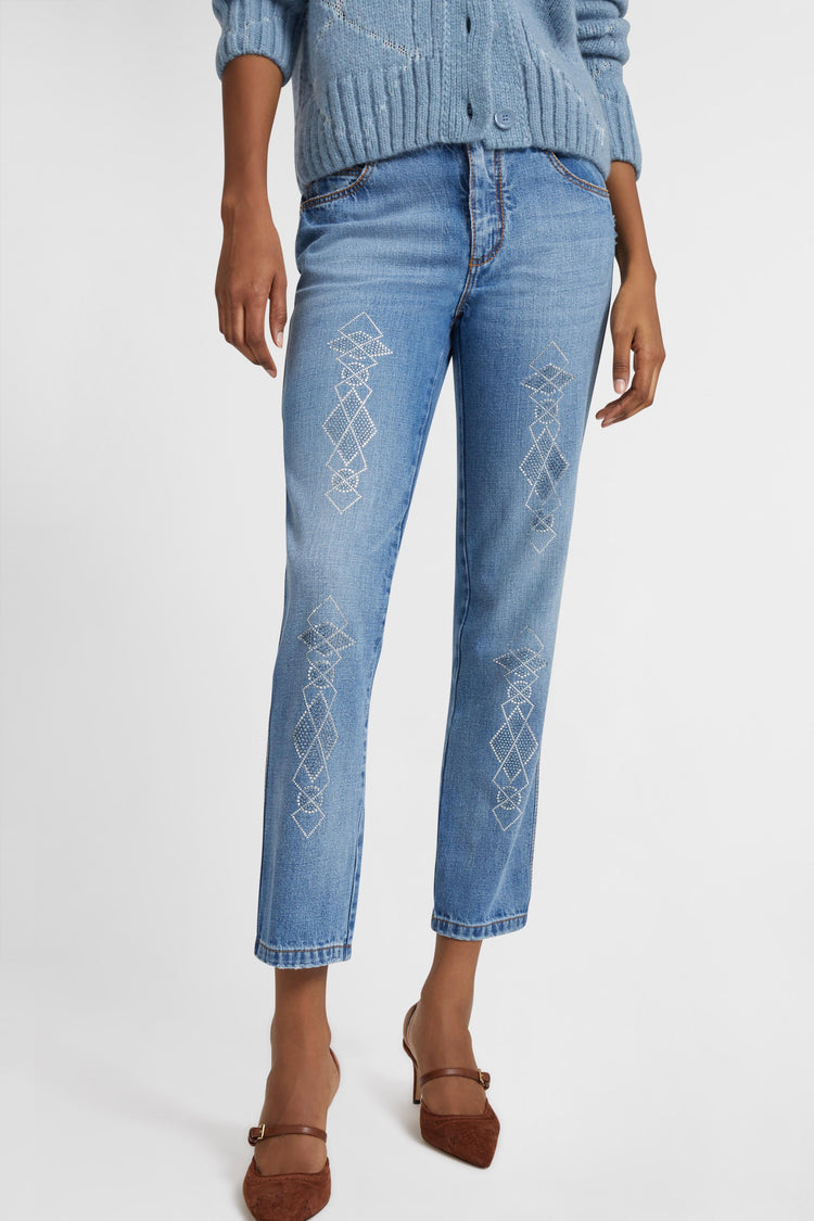 Five-pocket denim jeans with microcrystals