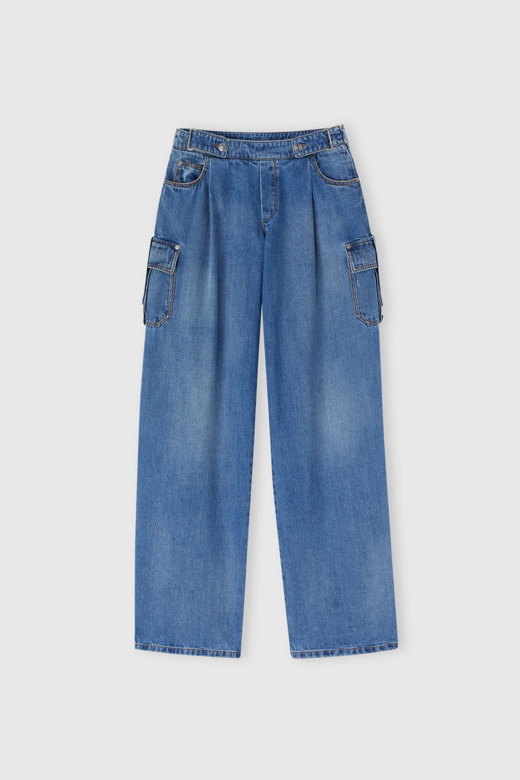 Jeans palazzo cargo in denim blue classico