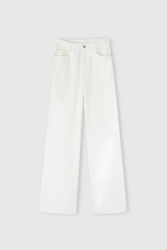 Palazzo trousers in white denim with floral cut-out