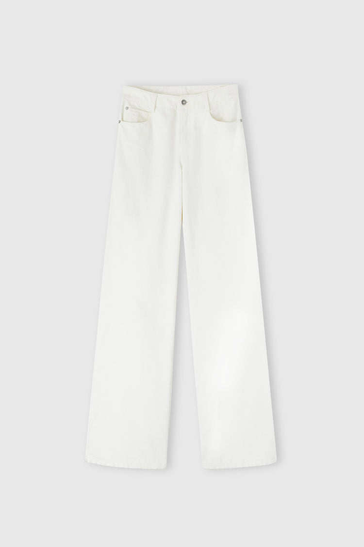 Pantalone palazzo in denim bianco con cut out floreale