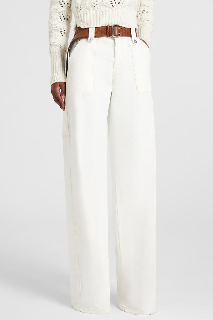 Denim trousers with patch pockets and contrast stitching