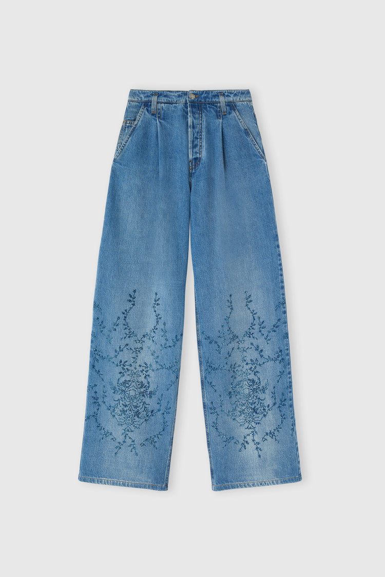 Palazzo jeans with crystal floral embroidery