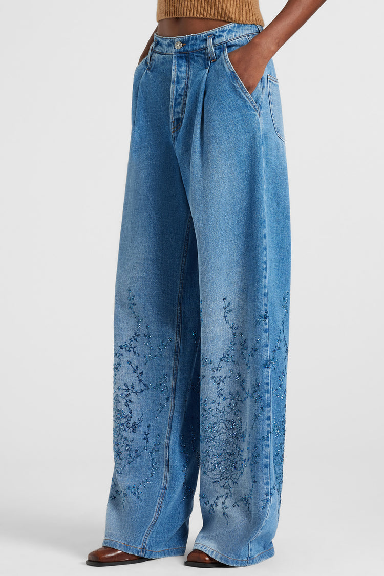 Palazzo jeans with crystal floral embroidery