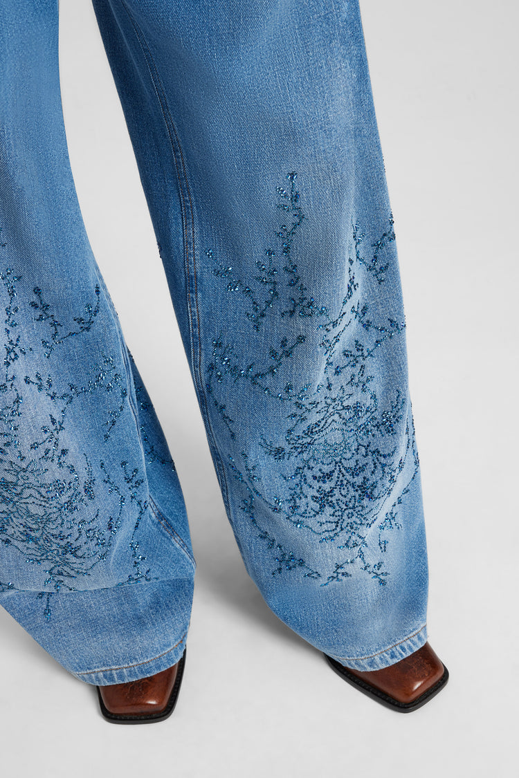 Palazzo jeans with crystal floral embroidery