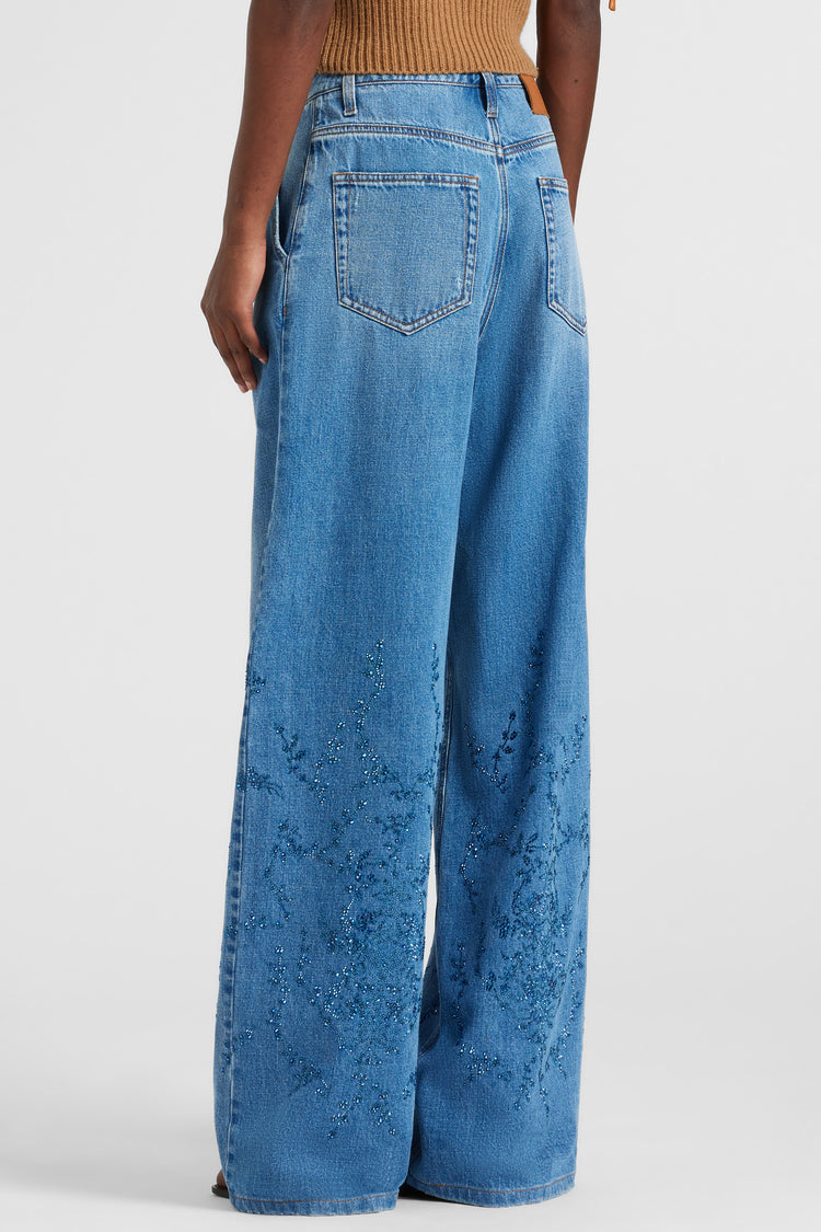 Palazzo jeans with crystal floral embroidery