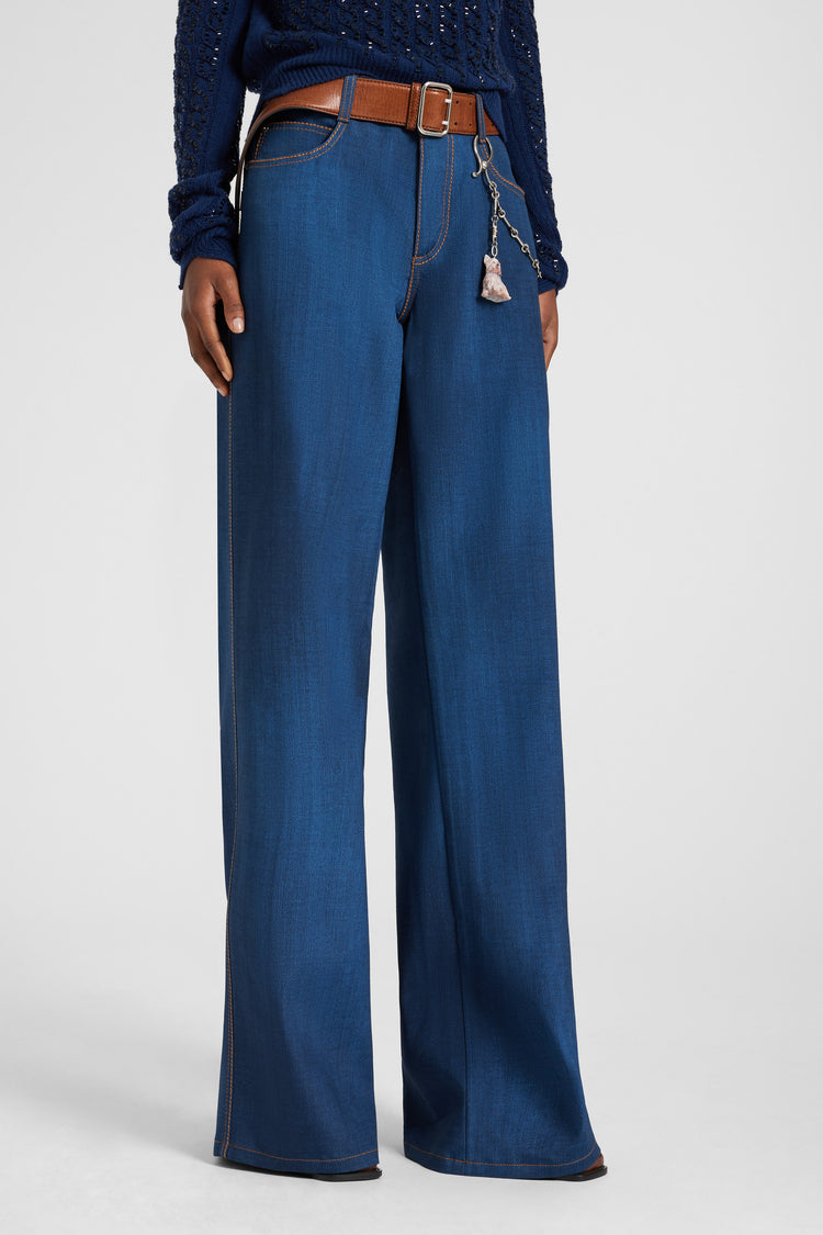 Palazzo trousers in dark denim-print marocain