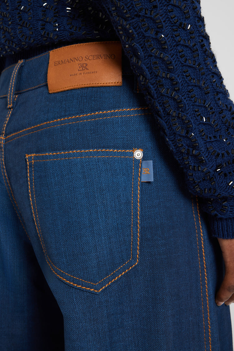 Palazzo trousers in dark denim-print marocain