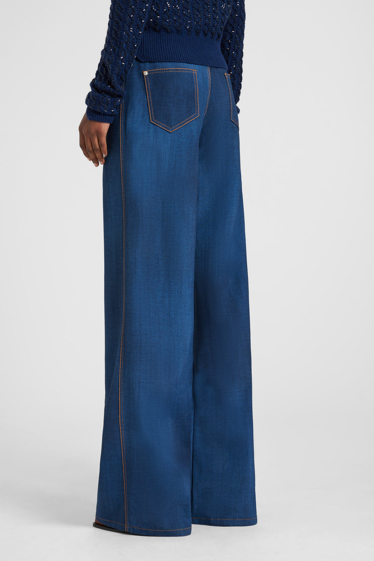 Palazzo trousers in dark denim-print marocain