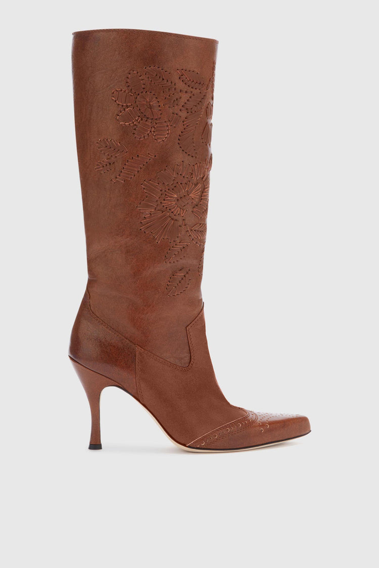 Vintage Brown Nappa Leather Boot with Hand-Embroidered Leather