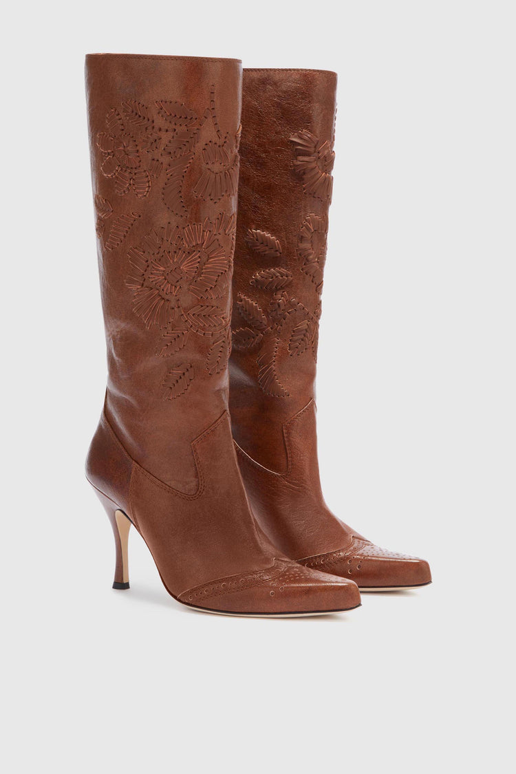 Vintage Brown Nappa Leather Boot with Hand-Embroidered Leather