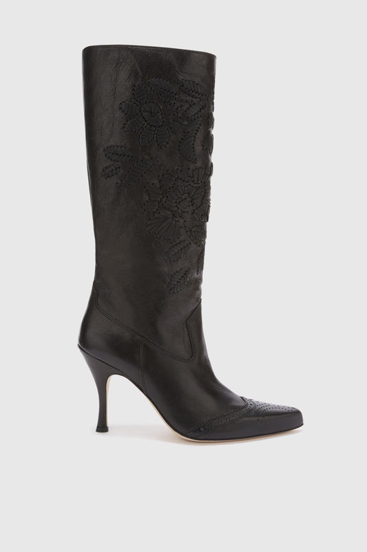 Bottines vintage en cuir nappa vert foncé avec broderies en cuir faites main