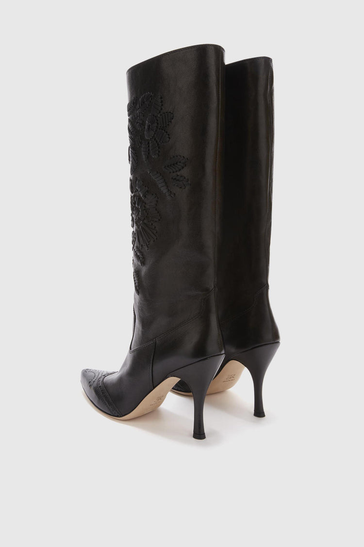 Vintage dark green nappa leather boot with handmade leather embroidery