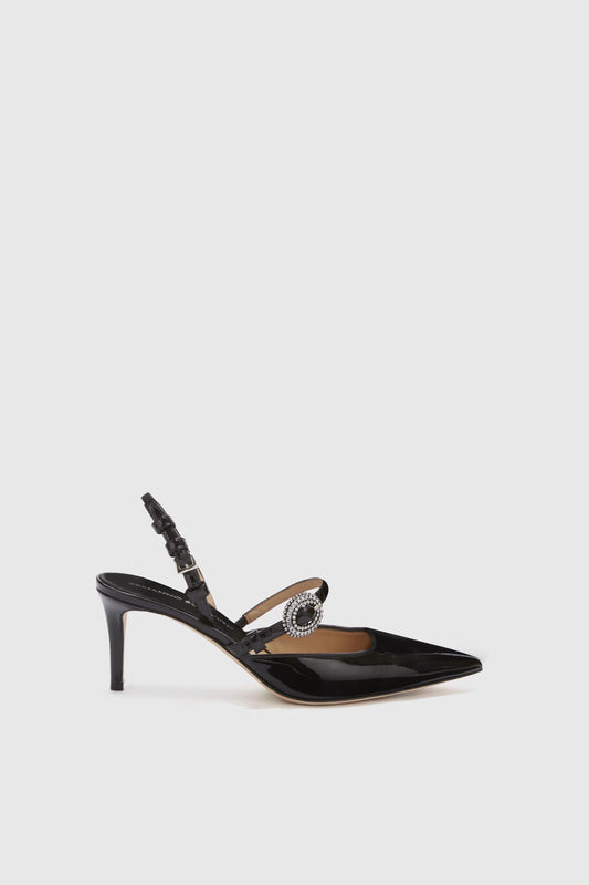 Patent leather slingback with handmade jewel buckle