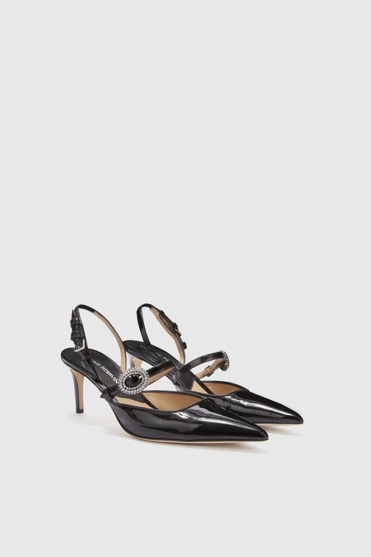Patent leather slingback with handmade jewel buckle
