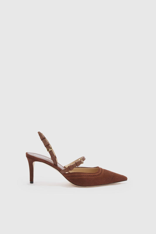 Slingback in split leather with hand-finished brogue motif