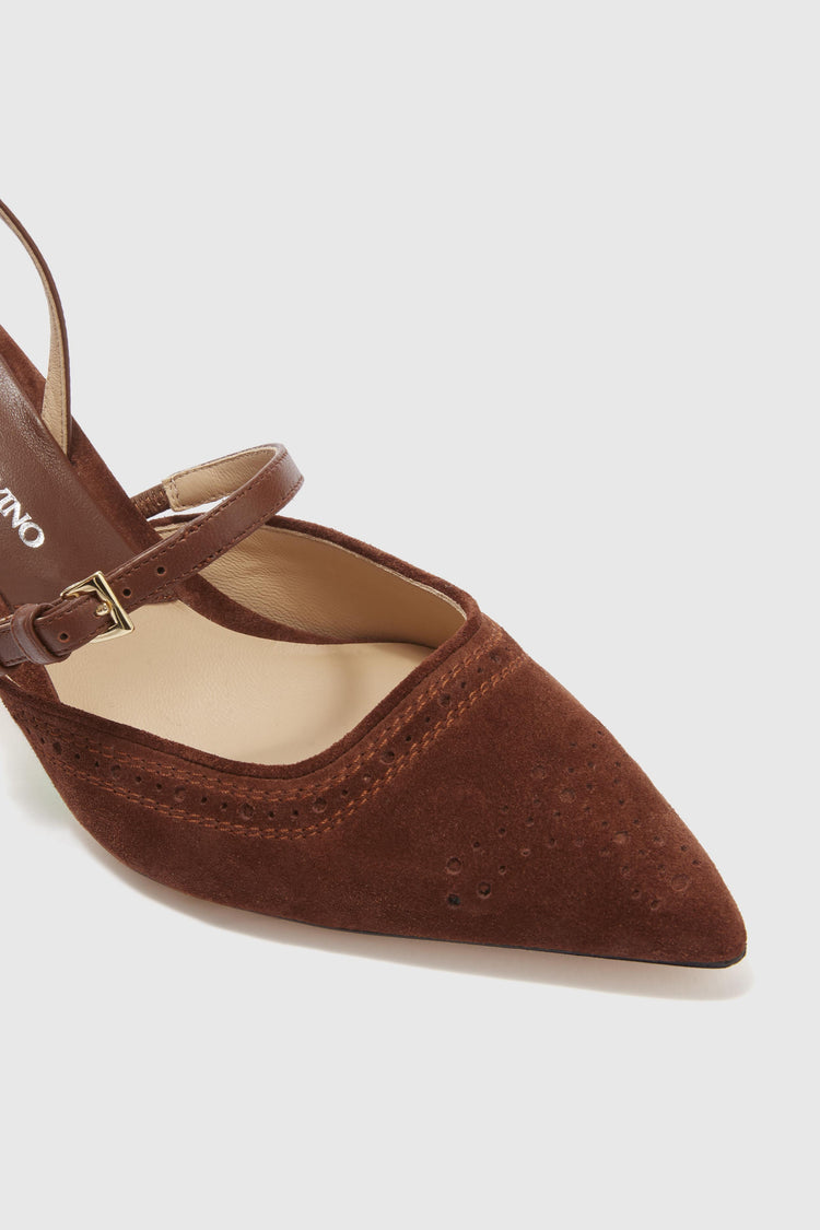Slingback in split leather with hand-finished brogue motif