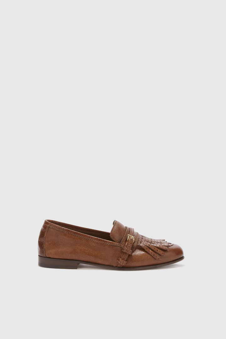 Vintage brown nappa College loafer with brogue fringes and strap