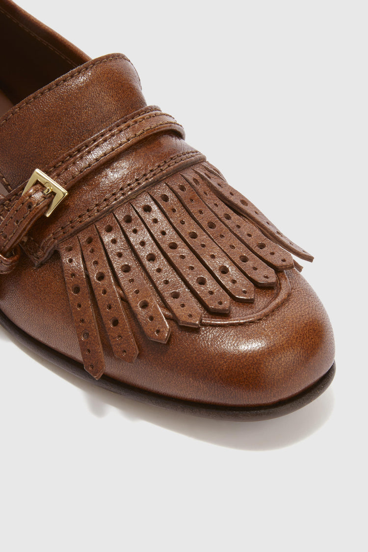 Vintage brown nappa College loafer with brogue fringes and strap