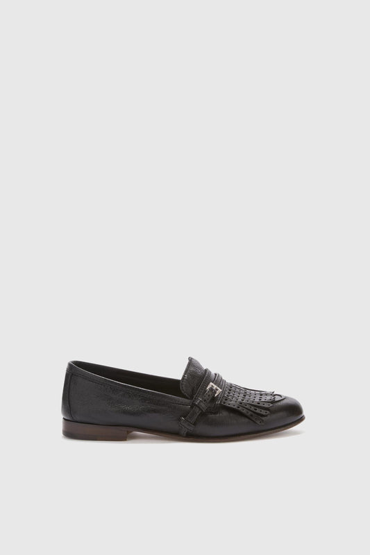Mocassin College en nappa noir vintage avec franges et bride brogue