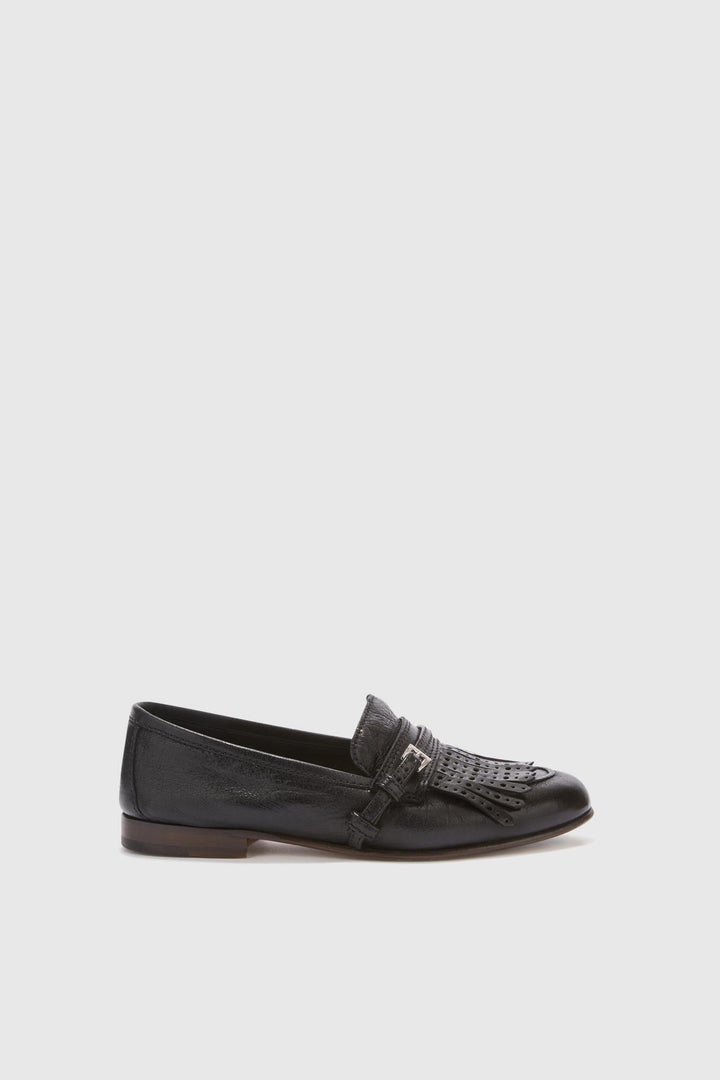 Vintage black nappa College moccasin with brogue fringes and strap