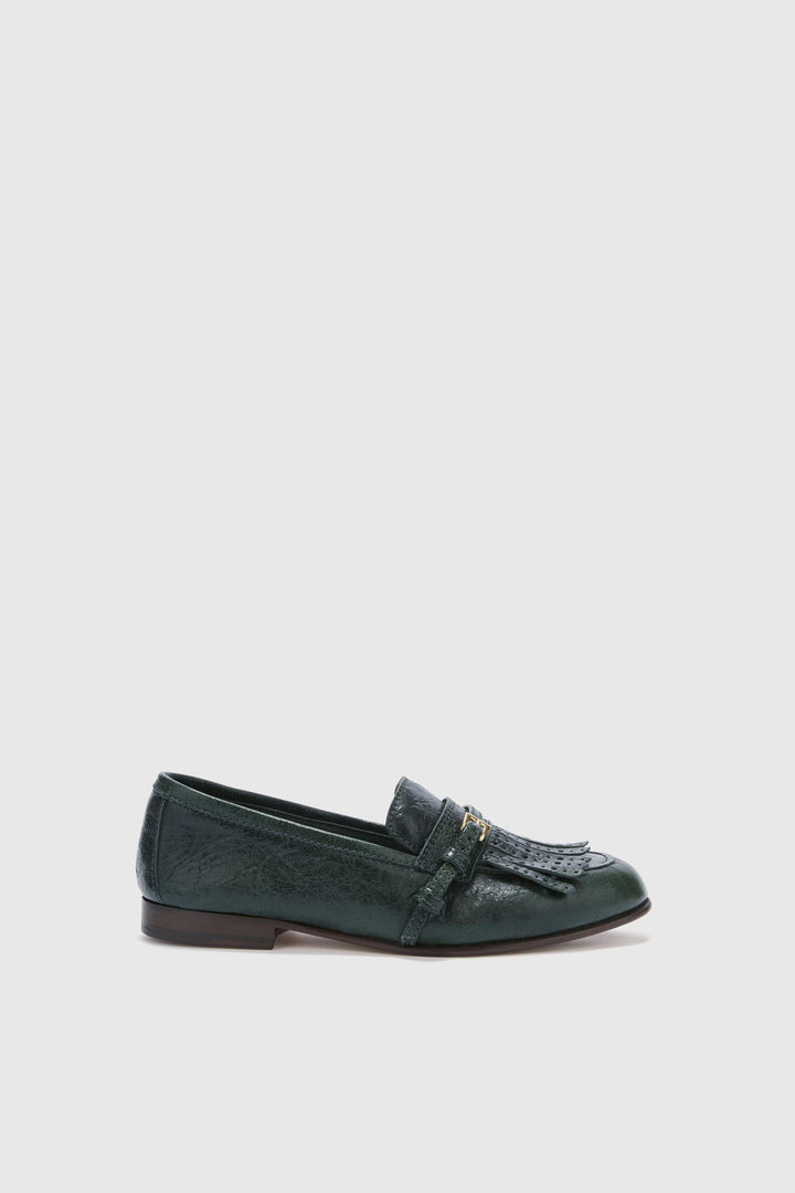 Vintage forest green nappa College loafer with brogue fringes and strap