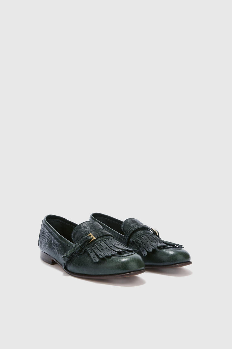 Mocassins College en nappa vert forêt vintage avec franges et bride