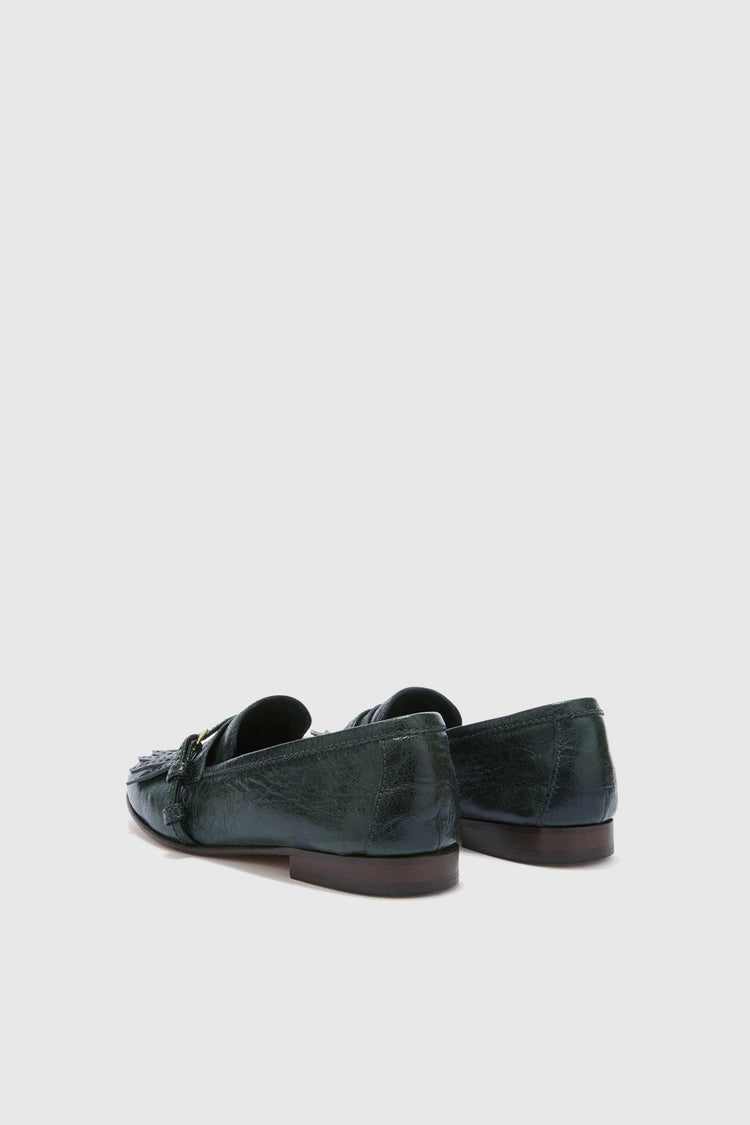 Mocassins College en nappa vert forêt vintage avec franges et bride