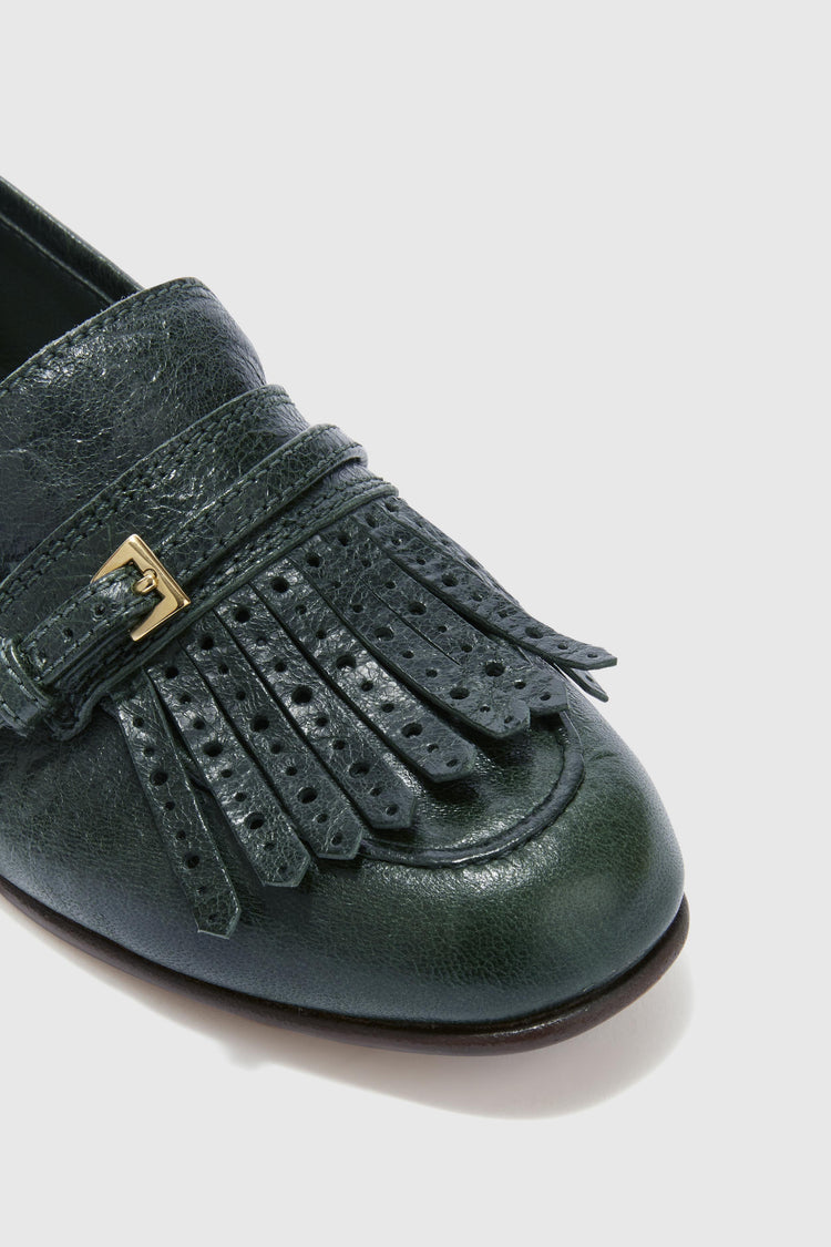 Mocassins College en nappa vert forêt vintage avec franges et bride