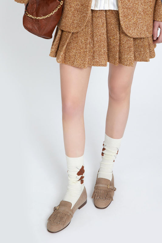 Vintage-effect dove-gray suede College loafer with fringes and strap