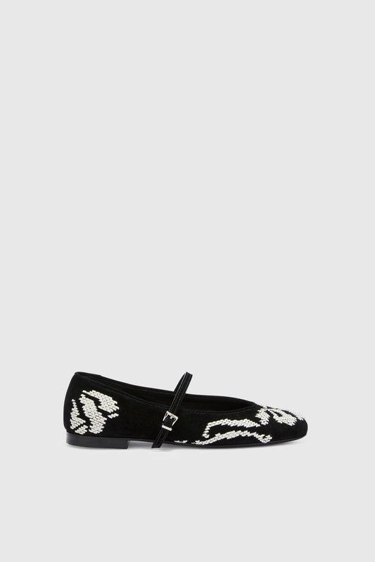 Suede ballerina with hand-embroidered leather ribbon detail