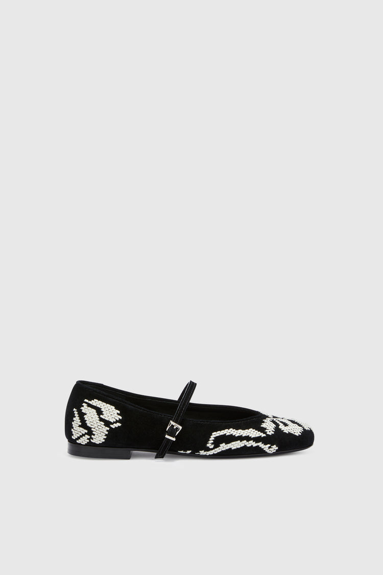 Suede ballerina with hand-embroidered leather ribbon detail
