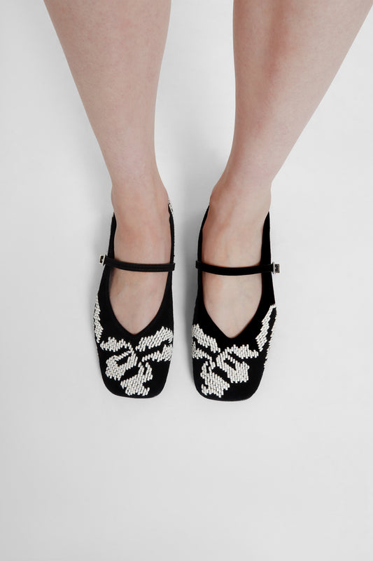 Suede ballerina with hand-embroidered leather ribbon detail