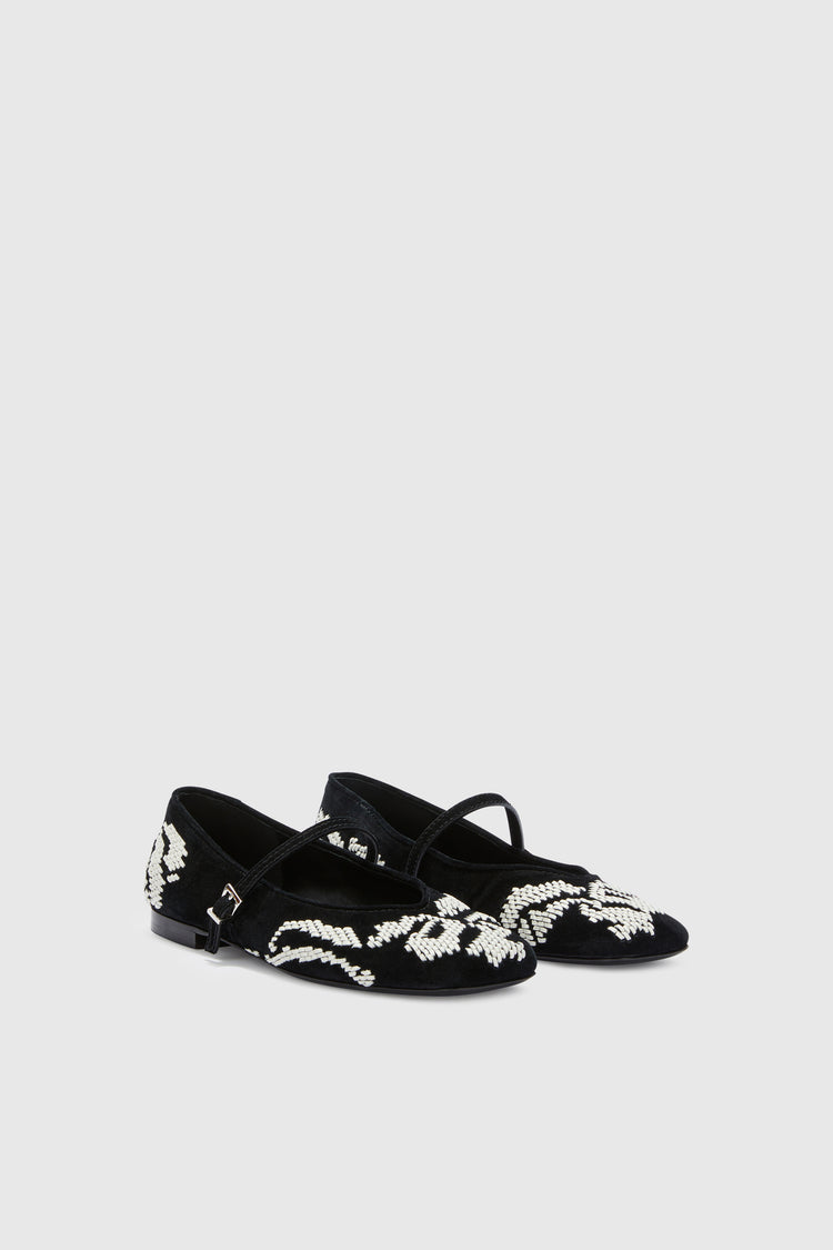 Suede ballerina with hand-embroidered leather ribbon detail