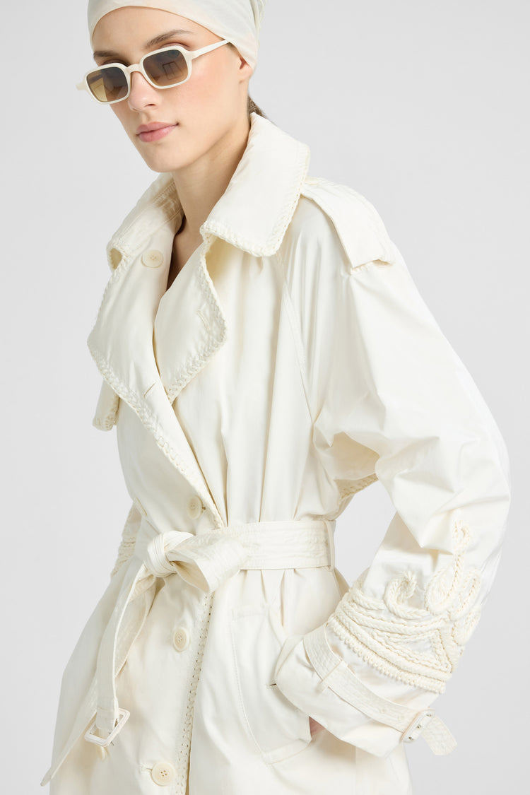 Double-breasted technical trench with hand-finished detailing