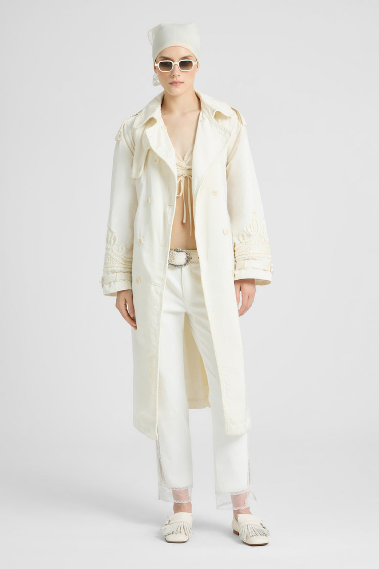 Double-breasted technical trench with hand-finished detailing