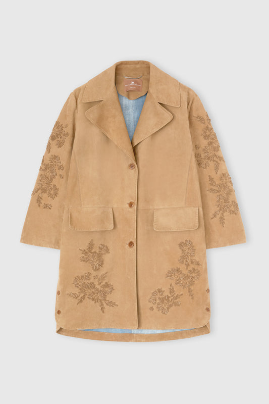 Caban in pelle scamosciata con interno marocain e ricamo floreale
